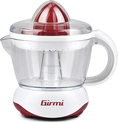 Girmi SR0201 Exprimidor de cítricos, 25W, capacidad 700cc, Doble copa para exprimir, Regilla filtrante, Blanco/Rojo